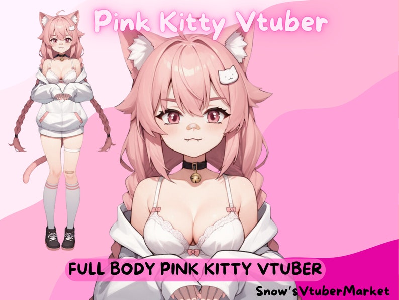 May include: A pink-haired anime character with cat ears and a white outfit. The character is wearing a white bra, a white jacket, and white socks. The character has a pink tail and is standing on a pink background. The text "Pink Kitty Vtuber" is at the top of the image, and the text "FULL BODY PINK KITTY VTUBER" is at the bottom of the image. The text "Snow's VtuberMarket" is in the bottom right corner of the image.