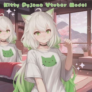 Peut inclure: Un modèle de personnage virtuel de style anime avec des cheveux blancs aux pointes vertes, des oreilles de chat et des yeux verts. Le personnage porte un t-shirt blanc avec un motif de tête de chat vert et un tour de cou noir. Texte Kitty Pyjama Vtuber Model.