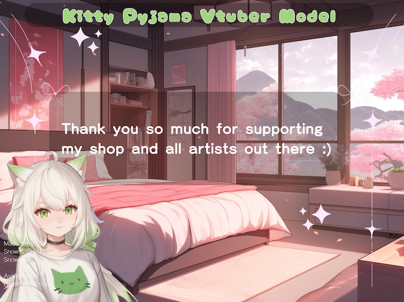 May include: A digital illustration of a white cat-like character with green hair and cat ears wearing a white shirt with a green cat graphic. The character is standing in front of a pink bed with white bedding in a room with a window overlooking a mountain range and cherry blossom trees. The text "Thank you so much for supporting my shop and all artists out there :)" is displayed in the image.