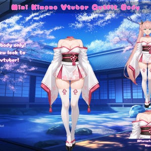 May include: A white and pink kimono with a black sash and cherry blossom accents. The kimono is designed for use with virtual avatars. The text "Mini Kimono Vtuber Outfit Body" is at the top of the image. The text "Vtuber body only! Add a new look to your vtuber!" is in the upper left corner of the image. The text "Made By SnowsVtuberMarket Snowsnw" is in the lower left corner of the image. The text "Available On Booth kofi Etsy" is in the lower left corner of the image. The text "Alternate 600GA Version" is in the lower right corner of the image.