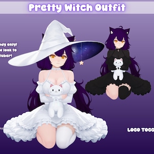 Op de afbeelding: Illustratie van een Pretty Witch Outfit voor een Vtuber. De afbeelding toont twee versies van de outfit: een witte jurk met een kattenontwerp en een zwarte jurk. De tekst "Pretty Witch Outfit" staat bovenaan.
