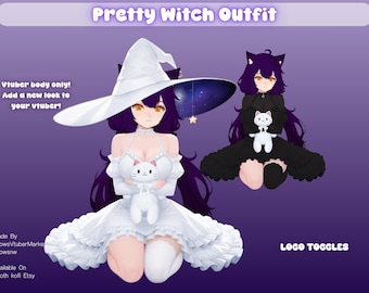 May include: An illustration of a Pretty Witch Outfit for a Vtuber. The image features two versions of the outfit: a white dress with a cat design and a black dress. The text "Pretty Witch Outfit" is at the top.