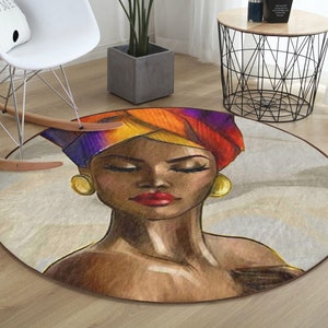 African Woman Round Rug: Ethnic Velvet Non-Slip Area Rug