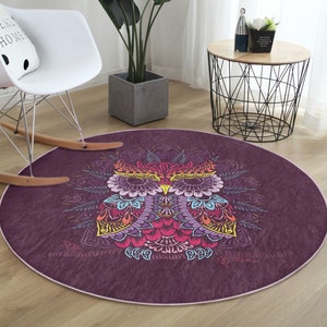 Owl Round Rug, Owl Patterned Area Rug, Anti Slip Circle Carpet, Owl Printed Carpet, Living Room Area Rug, Bedroom Circle Carpet