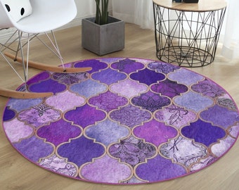 Purple Decorative Round Rug, Purple Living Room Area Carpet, Non Slip Circle Rug, Office Circle Rug, Bedroom Area Rug, Dining Room Rug