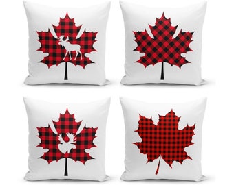 Canada Maple Leaf Pillow Cover: Red Buffalo Plaid Cushion