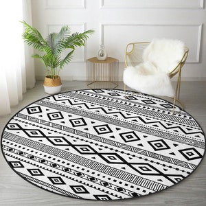 Southwestern Area Rug, Gray Aztec Carpet, Non Slip Floor Carpet, Aztec Patterned Round Rug, Southwestern Home Decorative Round Rug