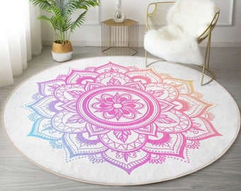 Leaf Round Rug, Mandala Area Rug, Lotus Flower Patterned Decorative Circle Carpet, Non Slip Floor Carpet, Meditation Room Area Rug