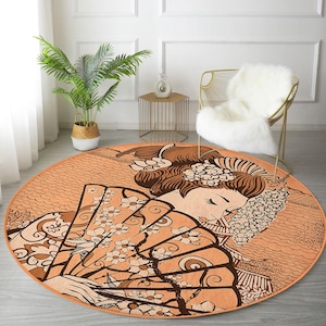 Japanese Rug, Japanese Patterned Circle Carpet, Japanese Living Room Decoration Area Rug, Japanese Geisha Decoration Circle Rug