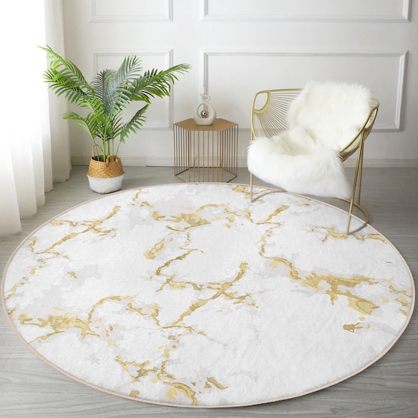 White Marble Area Rug, Marble Patterned Circle Carpet, White and Gold Decor Round Rug, Living Room Carpet, Bedroom Decorative Round Rug