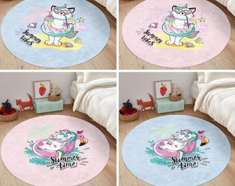 Funny Cat Nursery Rug, Kids Room Summer Washable Rug, Baby Bedroom Trends Non Slip Play Mat