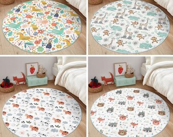 Nursery Rug With Animals, Baby Room Decorative Non Slip Washable Round Rug, Kids Play Carpet