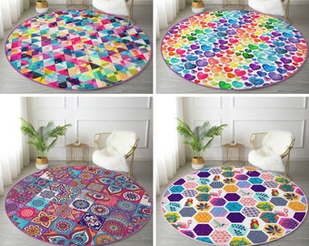 Bunter Runder Teppich, Regenbogen Farben Gemusterter Kreis Teppich, Boho Home Dekorativer Teppich, Wohnzimmer Dekoration Kreis Teppich