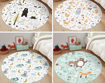 Cute Bear Kids Rug, Forest Animals Pattern Nursery Washable Rug, Kids Non Slip Play Mat, Baby Bedroom Decor Rugs