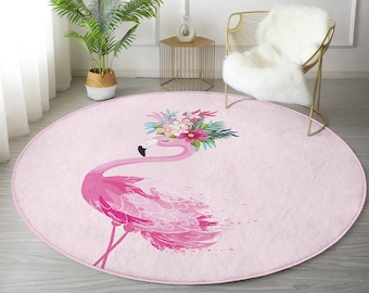 Alfombra redonda de flamenco rosa, alfombra circular con estampado de flamenco, alfombra de área rosa, alfombra circular de flamenco rosa para decoración del hogar de verano