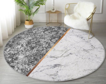Marble Round Rug, White and Gray Circle Carpet, Anti Slip Round Rug, Living Room Luxury Area Rug, Bedroom Area Rug, Office Carpet