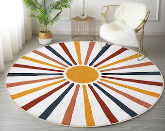 Abstract Round Rug, Sun Floor Carpet, Geometric Non Slip Circle Rugs, Boho Anti Slip Mat, Bohemian Area Rugs, Homeezone Decorative Area Rug