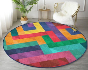 Rainbow Colors Patterned Decorative Round Rug, Home Decoration Colorful Circle Carpet, Non Slip Area Rug, Living Room Carpet, Colorful Decor