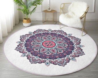 Mandala Yoga Room Round Rug, Meditation Room Circle Carpet, Non Slip Washable Round Rug, Mandala Patterned Area Rug, Living Room Round Rug