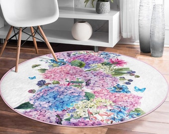 Floral Patterned Decorative Round Rug, Floral Printed Circle Carpet, Non Slip Area Rug, Living Room Area Rug, Bedroom Cute Floral Carpet