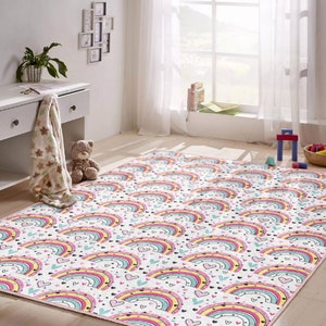 Rainbow Pattern Kids Rug, Nursery Room Colourful Decorative Washable Carpet, Newborn Room Decor Floor Mat