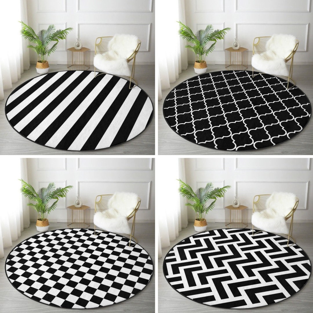 Blackwhite Area Rug, Office Space Circle Carpet, Decorative Living Room Round Rug, Bedroom