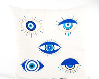 Evil Eye Throw Pillow, Good Vibes Home Decoration Cushion Cover, Blue Eyes Protection Pillow Case by Homeezone