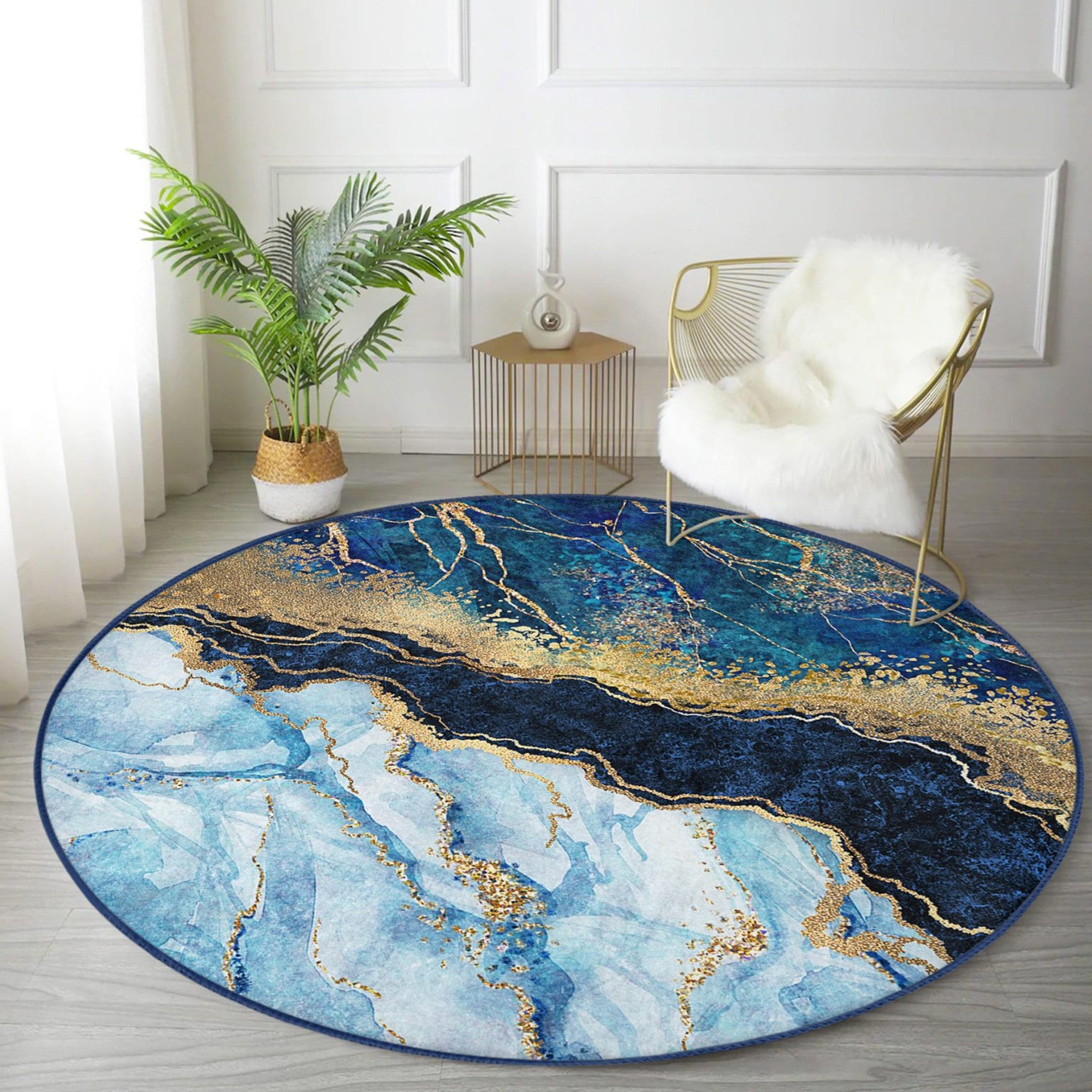 Blue Marble Patterned Round Rug, Non Slip Blue Area Rug, Living