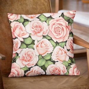 Pink Roses Throw Pillow, Pink Roses Pattern Decorative Cushion Cover, Floral Living Room Decor Pillow by Homeezone