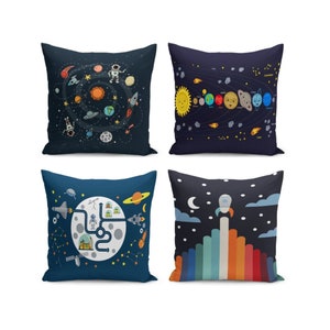 Kids Room Space Patterned Throw Pillow Cover, Nursery Space Cushion Cover, Universe Pillow Case, Universe Printed Pillow Cover