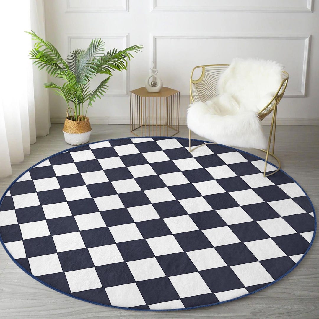 Checkered Round Rug: Black and White Velvet Circle Carpet - Etsy