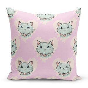 Cat Throw Pillow Cover, Cute Cat Cushion Cover, Cat Printed Pillow Cover, Cat Pillow Case, Kids Room Decorative Pillow Cover