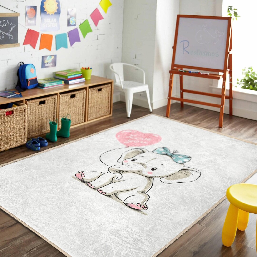 Baby Elephant Nursery Rug, Kids Bedroom Non Slip Washable Rug, Newborn ...