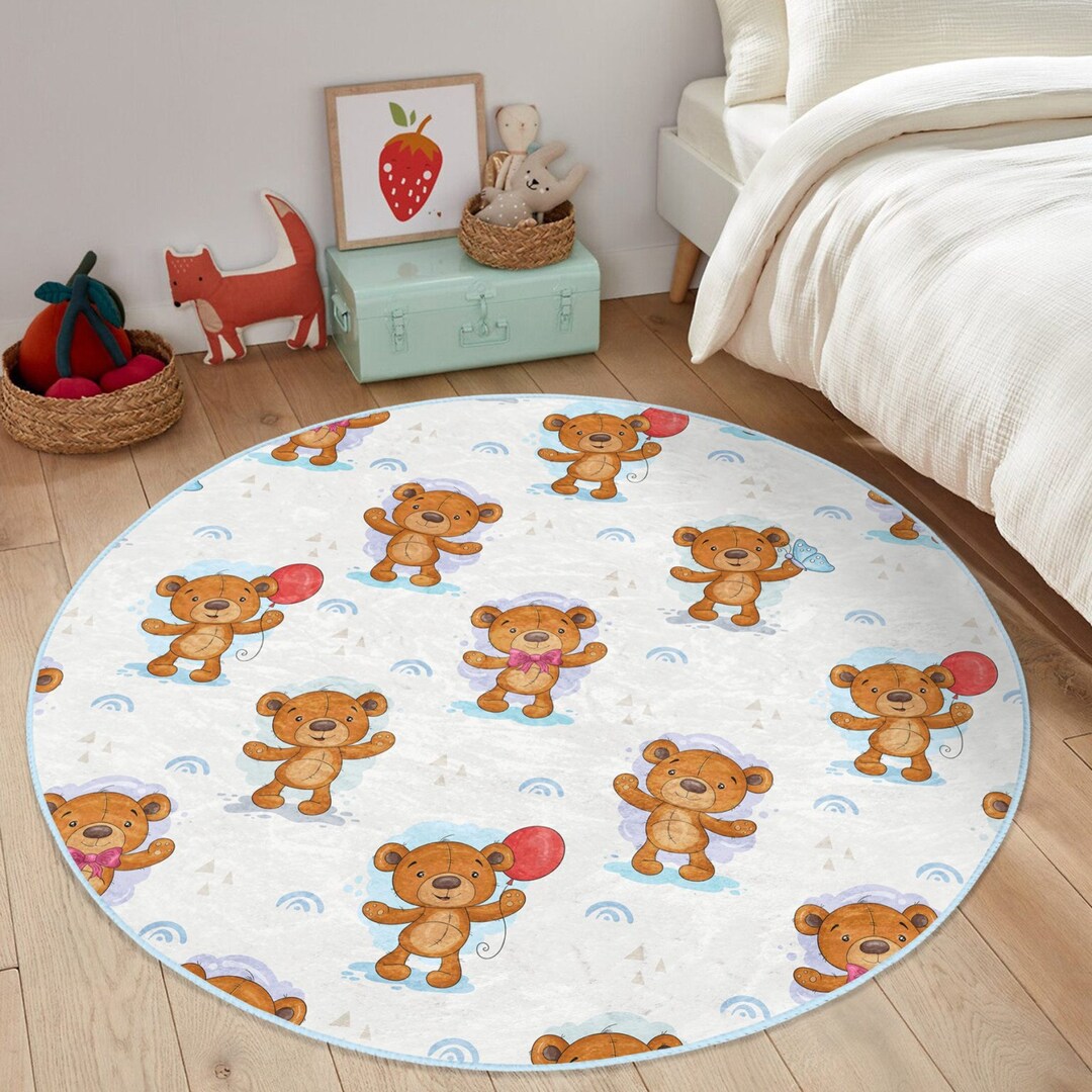 Background Toy Rug Teddy Bear Kids Rug, Kids Room Decorative Round Rug, Kids Play Mat ...