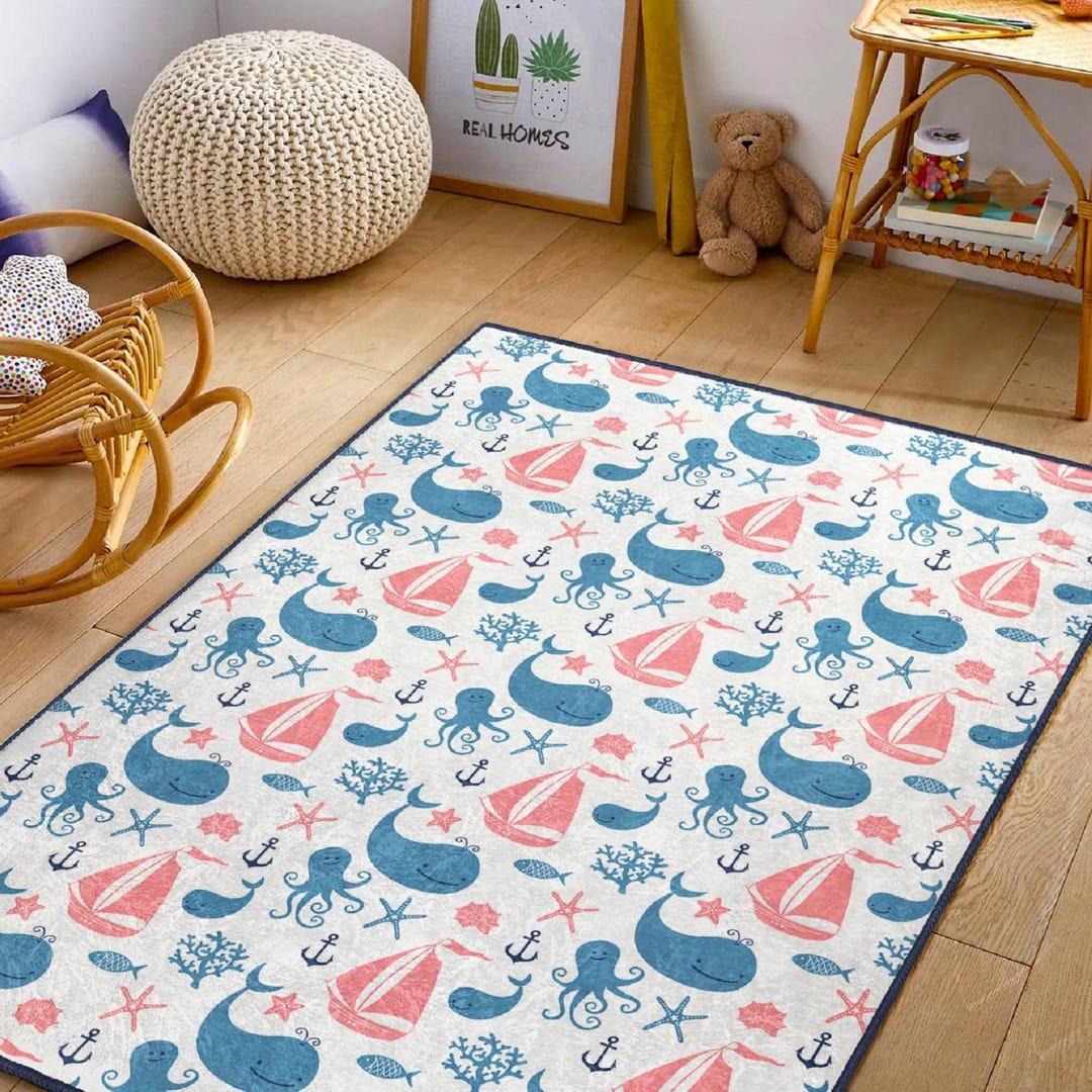 Blue Whale Kids Rug, Ocean Pattern Baby Room Decorative Washable Rugs ...