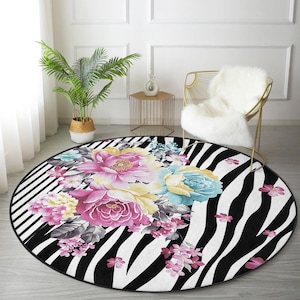 Tappeto rotondo floreale, tappeto lavabile stampato con fiori colorati, tappeto decorativo con motivo floreale