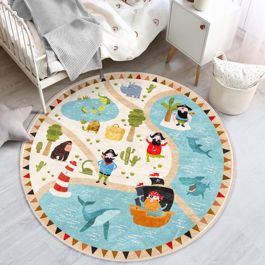 Pirate Ship Kids Rug: Washable Nursery Circle Carpet - Etsy