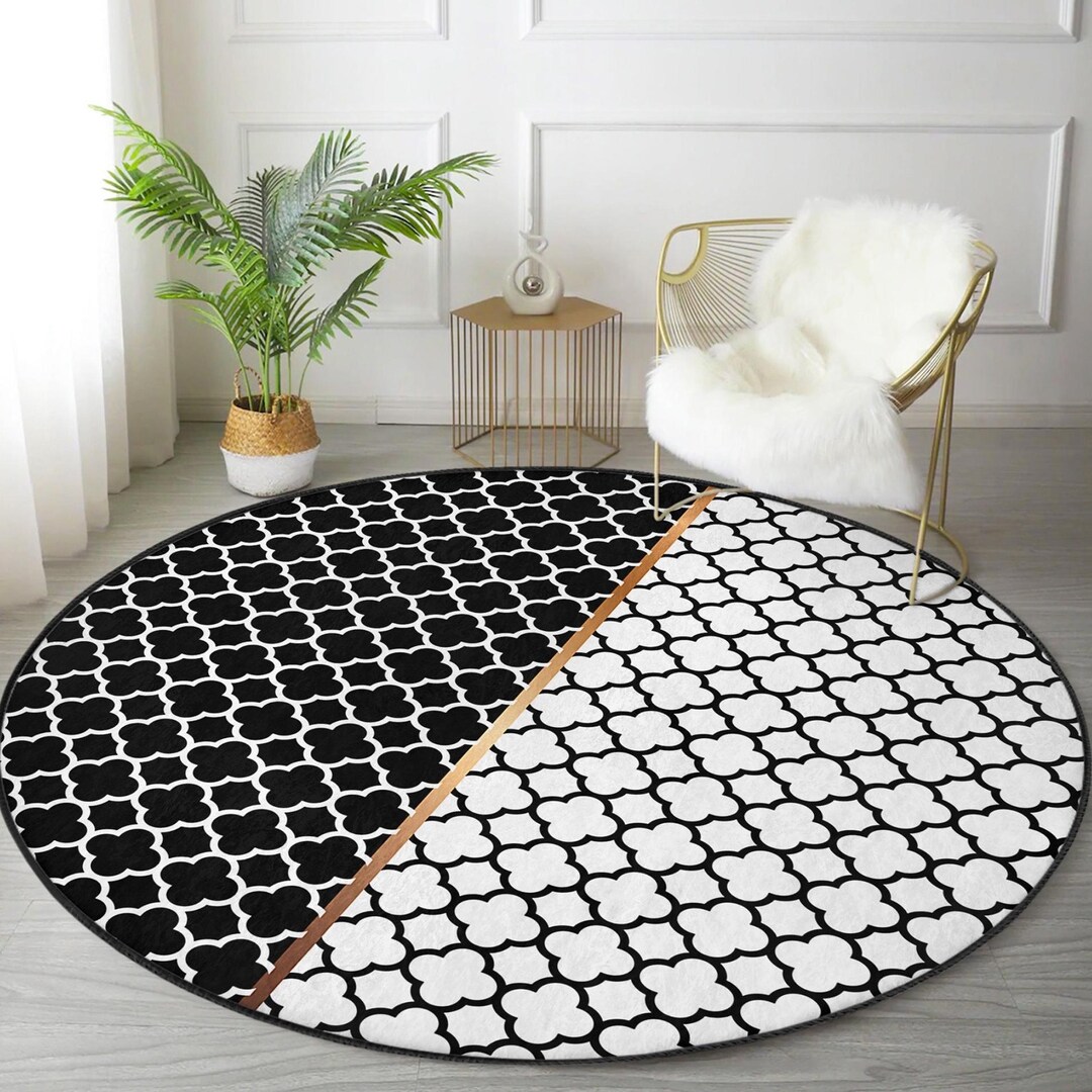 Black and White Luxury Round Rug, Living Room Area Carpet, Office Area ...