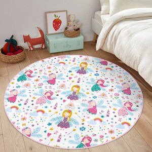 Fairy Princess Round Nursery Rug: Washable Kids Play Mat