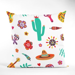 Mexican Pattern Throw Pillow, Mexican Culture Object Printed Home Decoration Cushion Cover, Patio Decor Pillow by Homeezone