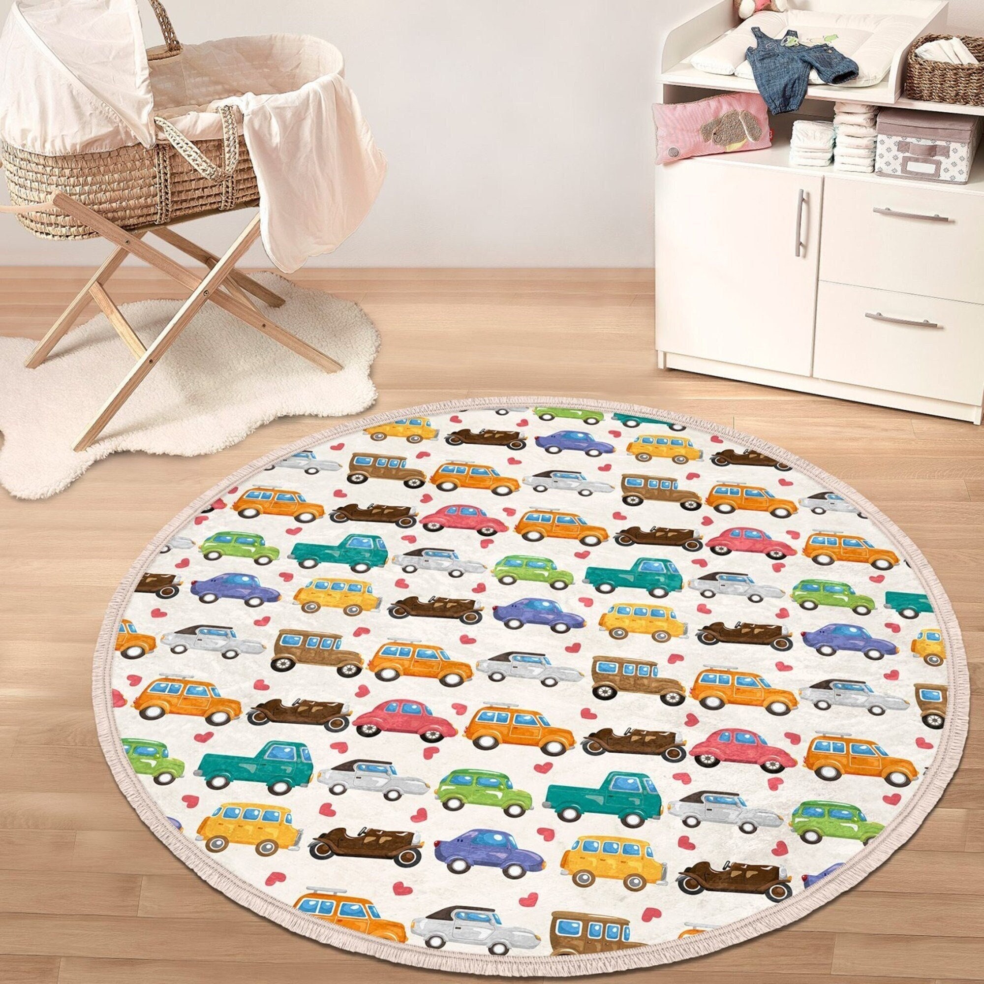 Cars Kids Round Rug, Nursery Room Decorative Cars Pattern Area Carpet ...