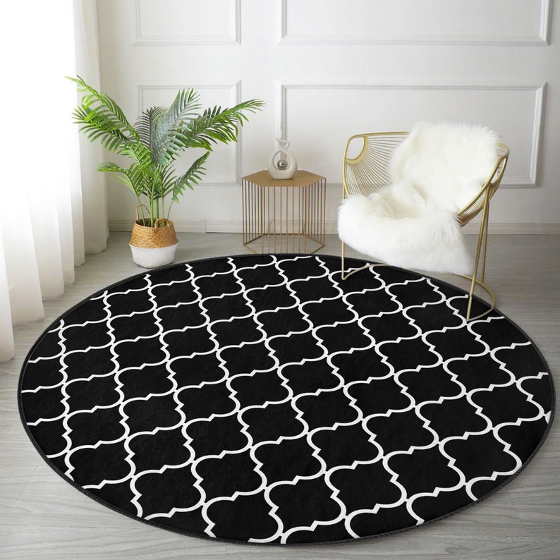 Round Offfice Rugs Black-white Area Rug, Office Space Circle Carpet, Decorative Living ...