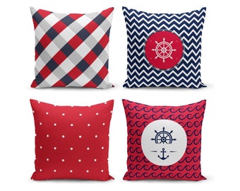 Nautical Red Patterned Pillow Covers, Marine Pillow Case, Boat Decoration Cushion Covers, Anchor Pillow Cover, Plaid Pillow Case