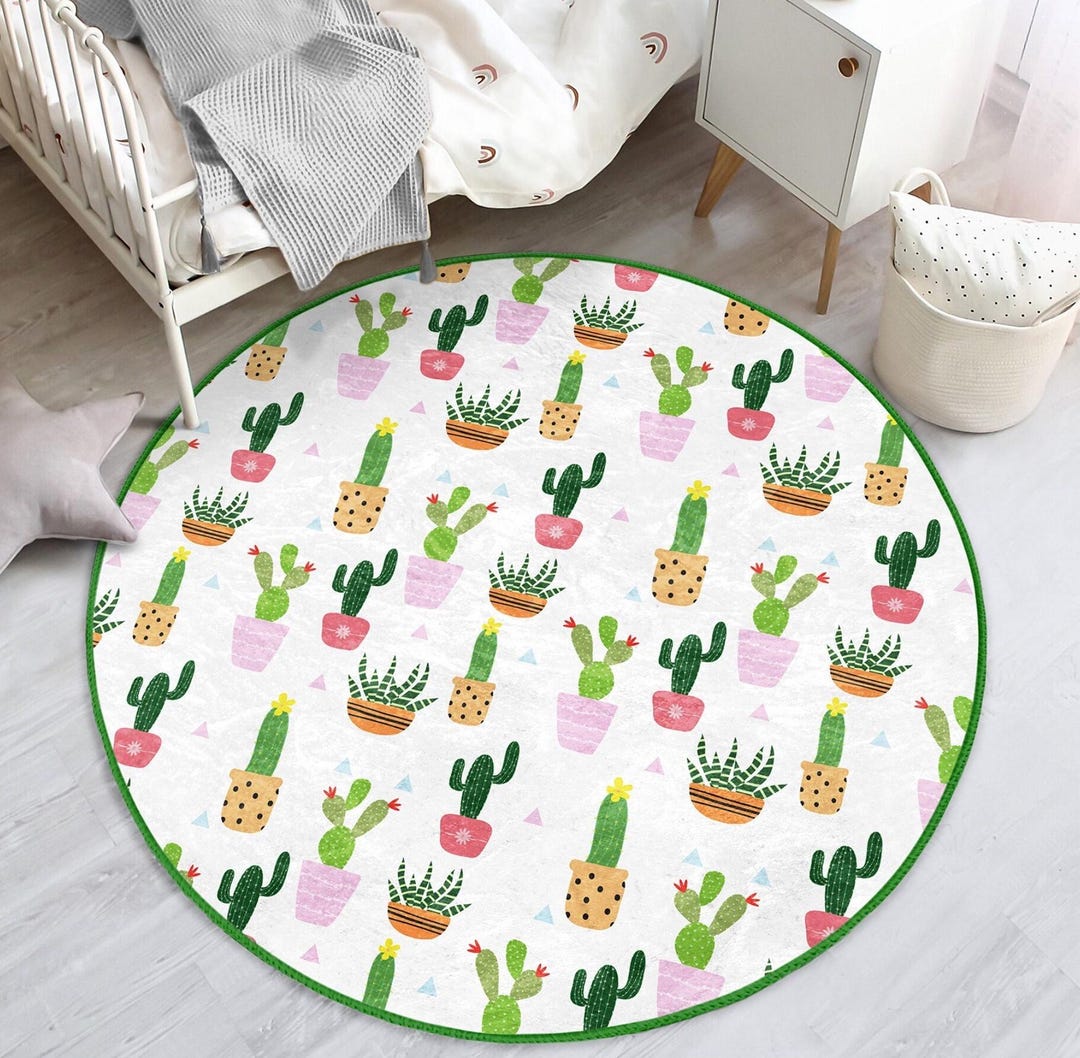 Floral Pattern Round Rugs, Cactus Pattern Decorative Living Room Circle ...