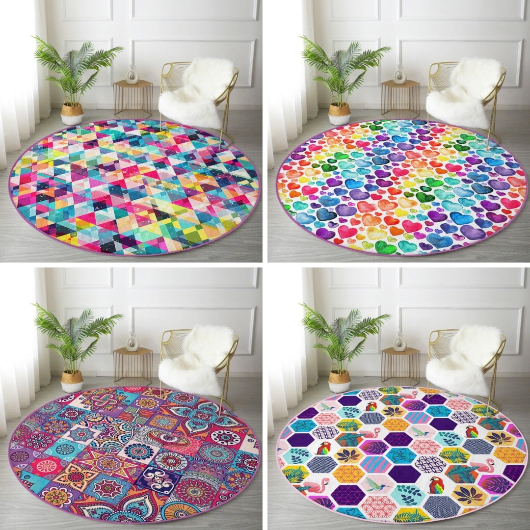 Colorful Round Rug Rainbow Colors Patterned Circle Carpet Etsy