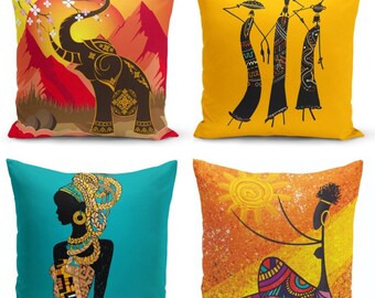 African Decor Pillow Cover, African Women Patterned Pillow Case, Elephant Printed Throw Pillow Cover, Home Decoration Cushion Cover