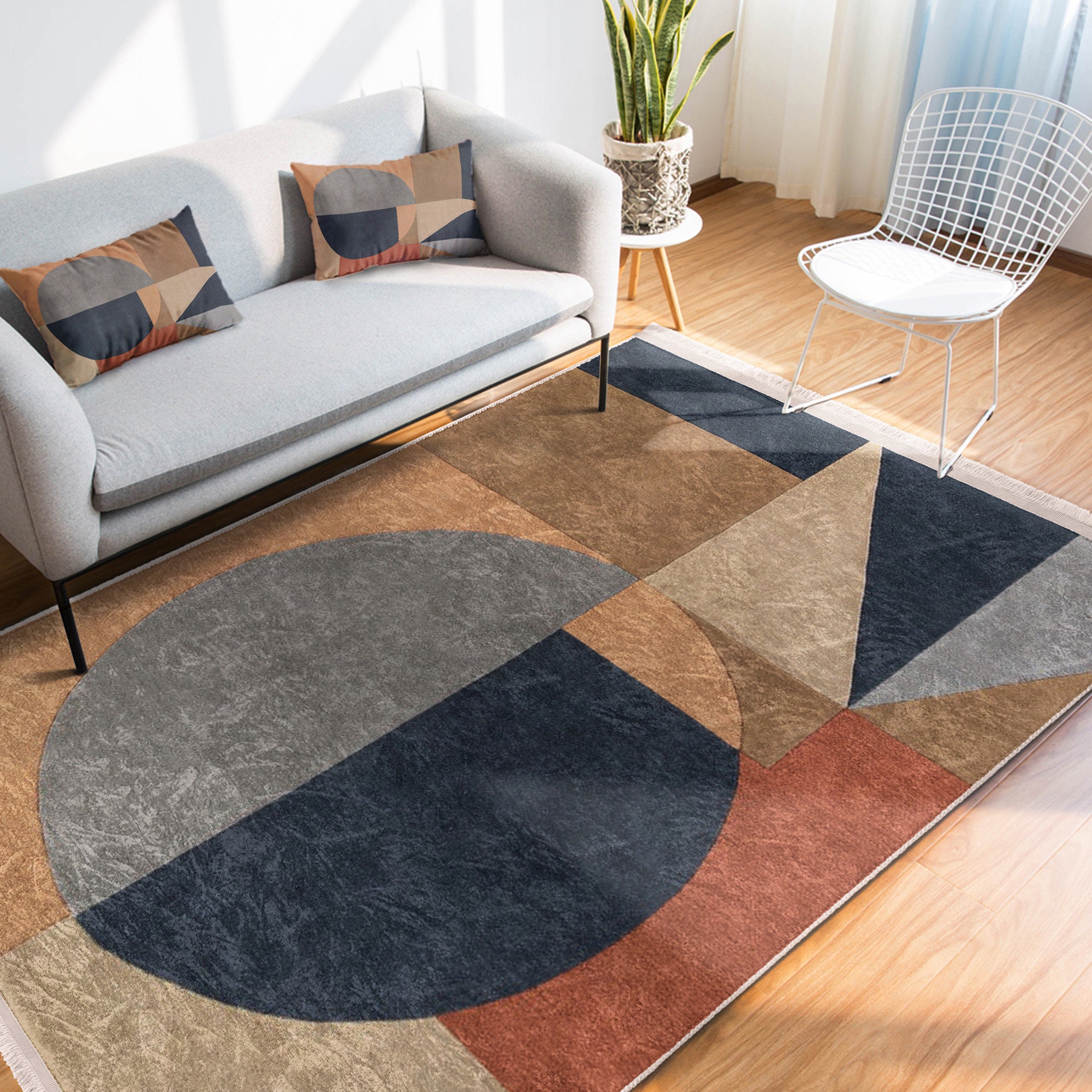 Blue Marble Patterned Round Rug, Non Slip Blue Area Rug, Living
