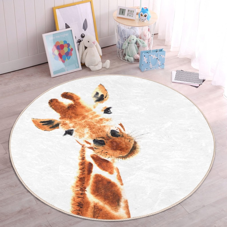 Giraffe Patterned Rug for Kids Room Decor, Nonslip Circle Carpet