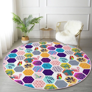 Colorful Round Rug, Rainbow Colors Patterned Circle Carpet, Boho Home Decorative Area Rug, Living Room Decoration Circle Rug