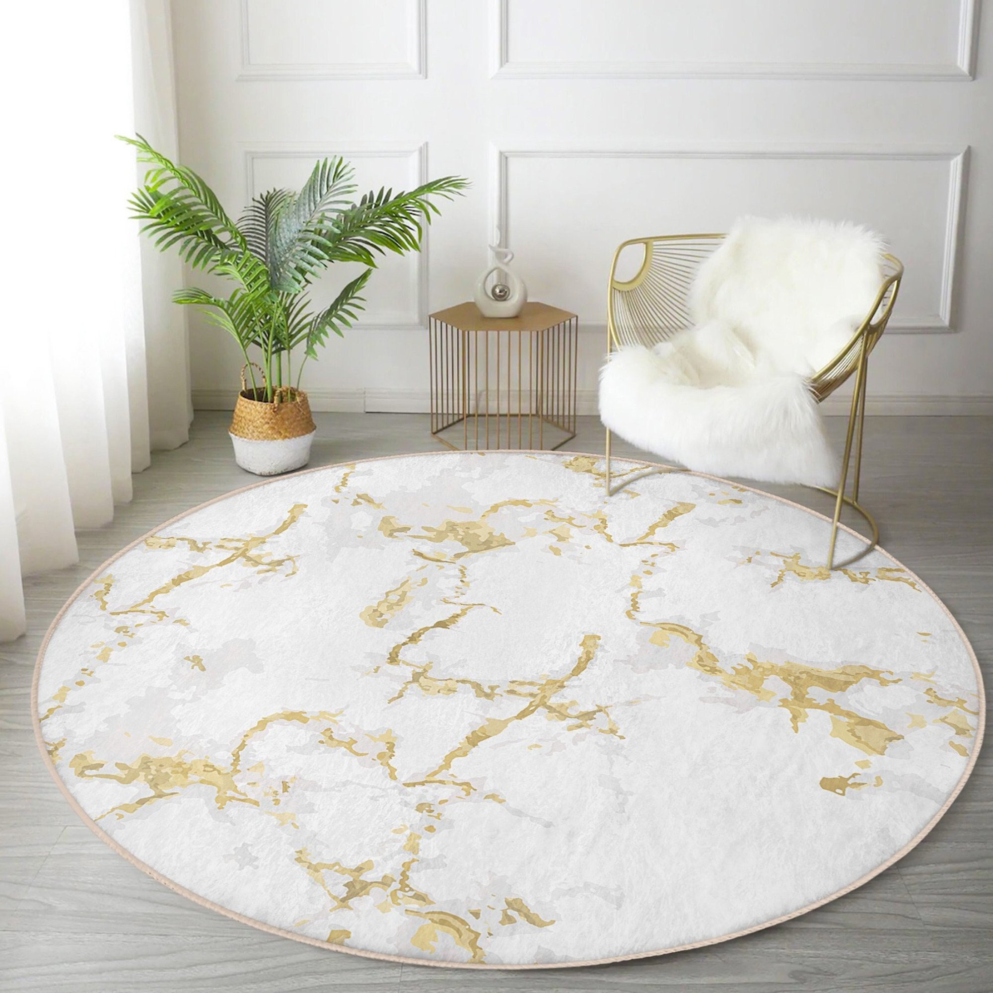 White Marble Area Rug Marble Patterned Circle Carpet White and